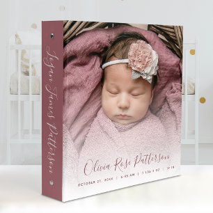 Dusty Rose Script Baby Girl Photo Album 3 Ring  Binder