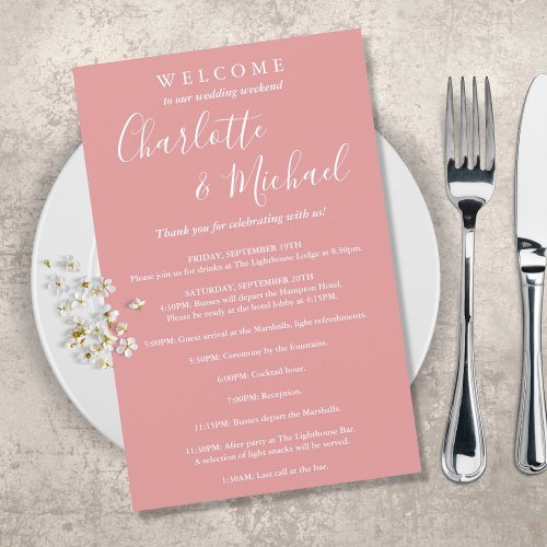 Dusty Rose Script Guest Wedding Weekend Program