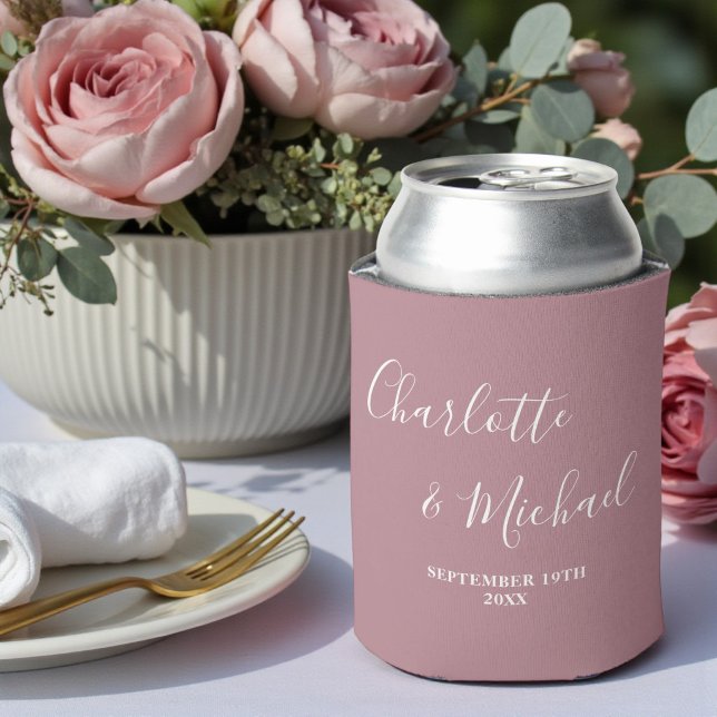 Dusty Rose Script Modern Trendy Wedding Can Cooler (Creator Uploaded)