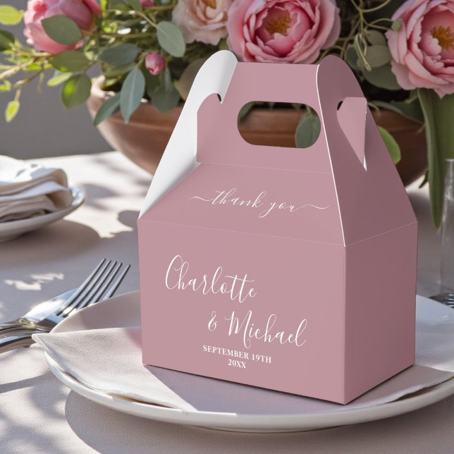 Dusty Rose Script Trendy Wedding Thank You Favor Boxes (Creator Uploaded)