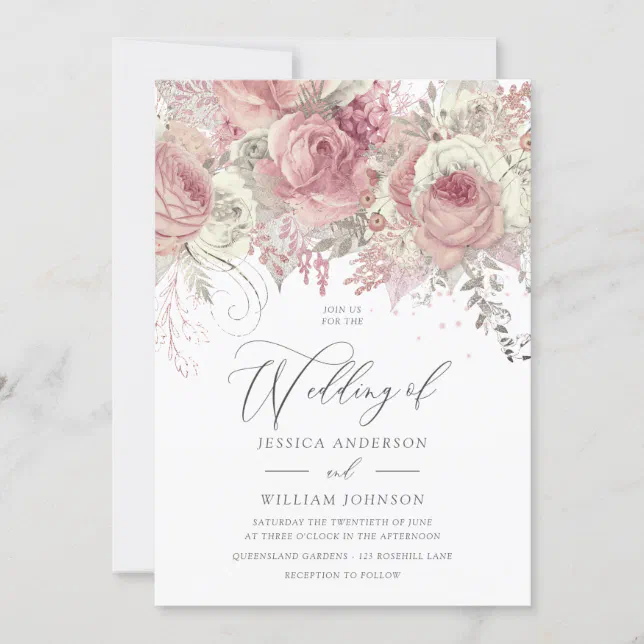 Dusty Rose Silver & Blush Enchanted Floral Wedding Invitation | Zazzle