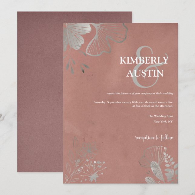 Dusty Rose | Silver Floral Wedding Invitation (Front/Back)