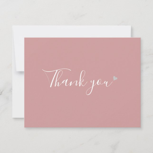 Dusty Rose Silver Heart Chic Script Business Thank You Card (Front)