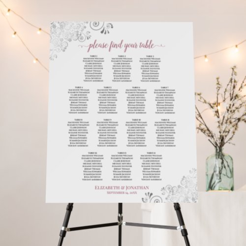 Dusty Rose Silver on White 14 Table Seating Chart Foam Board