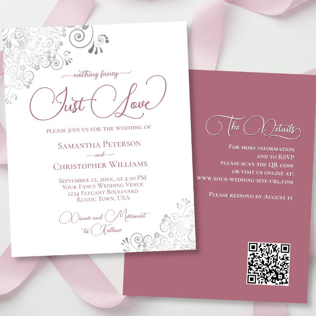 Dusty Rose Silver QR Code BUDGET Wedding Invite (front/back)