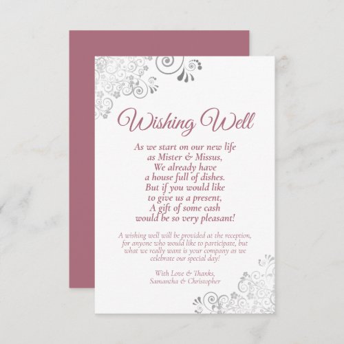 Dusty Rose Silver White Wedding Wishing Well Poem Enclosure Card