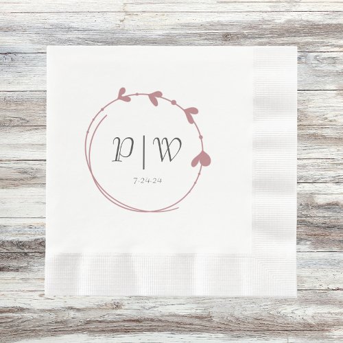 Dusty Rose Simple Heart Wreath Initials Wedding Napkins