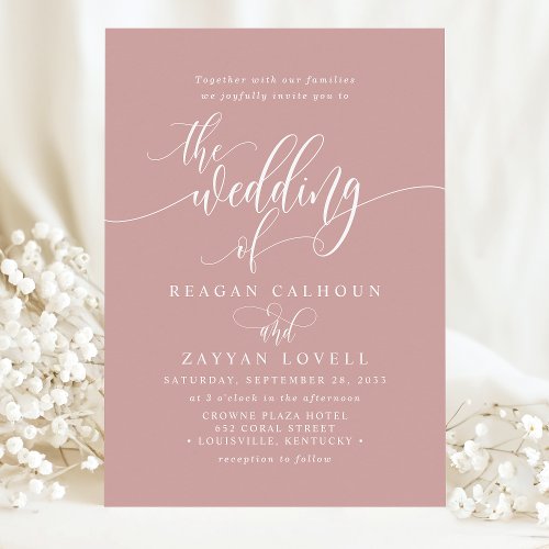 Dusty Rose Simple Modern Script Wedding Invitation