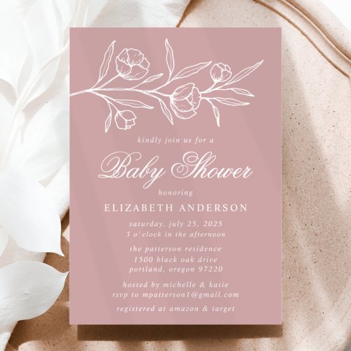 Dusty Rose Sketched Floral Baby Shower Invitation