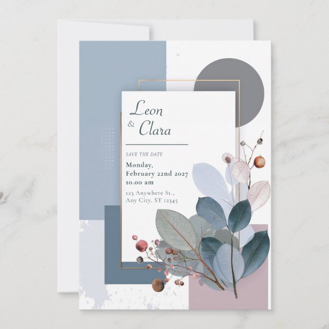 Dusty Rose Slate Blue Geometric Leaf Wedding Invitation (Front)