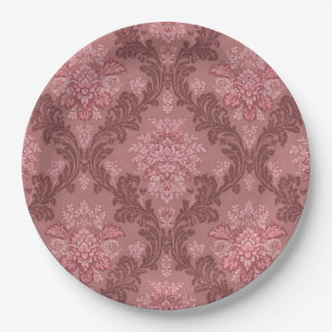 Dusty Rose Soft Pink Burgundy Elegant Damask Paper Plates