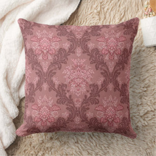 Dusty Rose Soft Pink Burgundy Elegant Damask  Throw Pillow