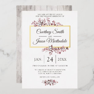Dusty Rose Southern Cotton Boll Botanical Wedding Foil Invitation