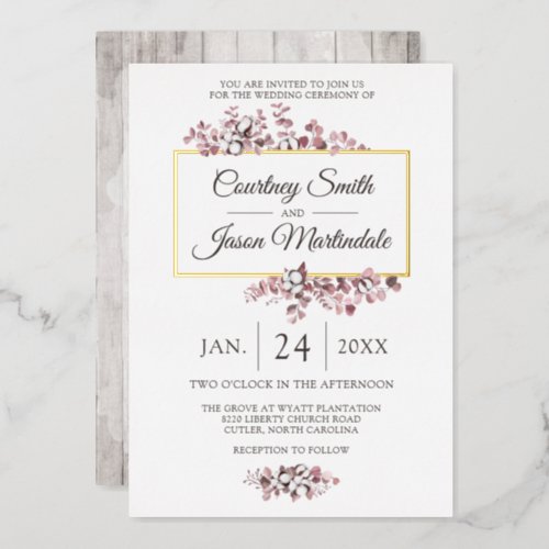 Dusty Rose Southern Cotton Boll Botanical Wedding Foil Invitation