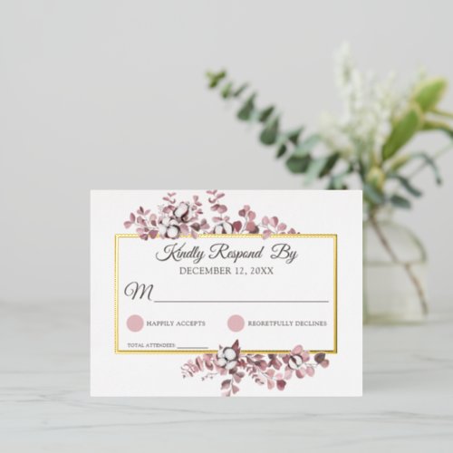 Dusty Rose Southern Cotton Botanical Wedding RSVP Foil Invitation Postcard