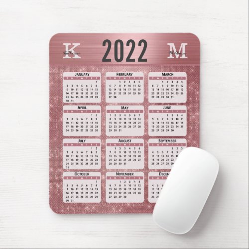 Dusty Rose Sparkle Fun Monogram Name 2022 Calendar Mouse Pad