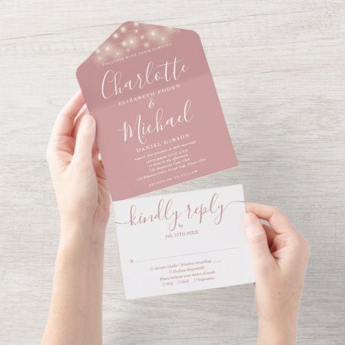 Dusty Rose String Lights Elegant Script Wedding All In One Invitation