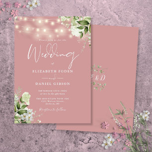Dusty Rose String Lights Floral Monogram Wedding Invitation