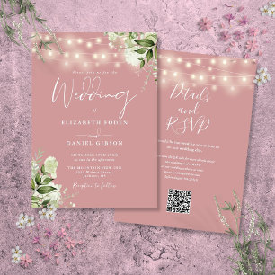 Dusty Rose String Lights Floral QR Code Wedding Invitation