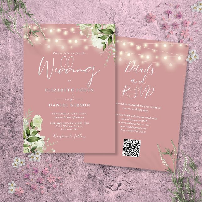 Dusty Rose String Lights Floral QR Code Wedding Invitation (Dusty Rose String Lights Floral QR Code Wedding Invitation)