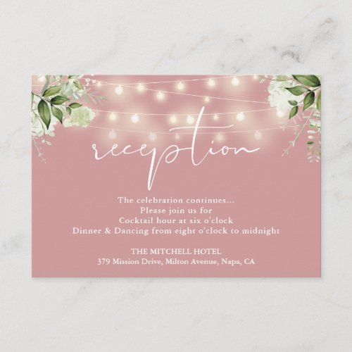 Dusty Rose String Lights Floral Wedding Reception Enclosure Card