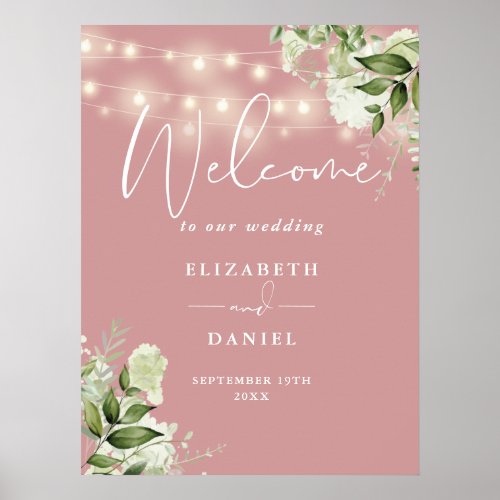 Dusty Rose String Lights Floral Wedding Welcome Poster