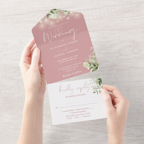 Dusty Rose String Lights Greenery Monogram Wedding All In One Invitation