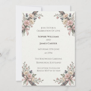 Dusty Rose Thistle Tartan Bow Scottish Wedding Inv Invitation