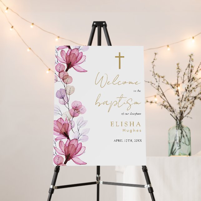 Dusty Rose Transparent Floral Baptism Welcome Sign (In Situ (Stand))