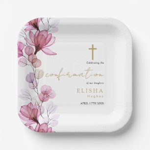Dusty Rose Transparent Floral Confirmation Paper Plates