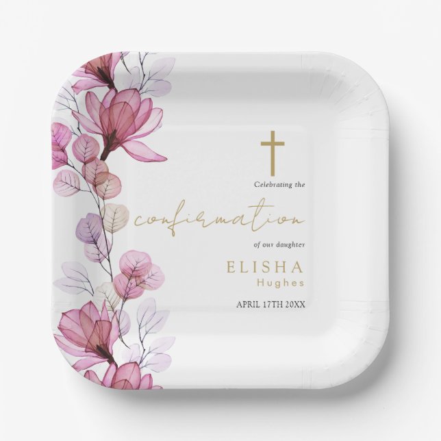 Dusty Rose Transparent Floral Confirmation Paper Plates (Front)
