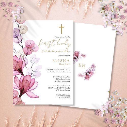 Dusty Rose Transparent Floral First Holy Communion Invitation