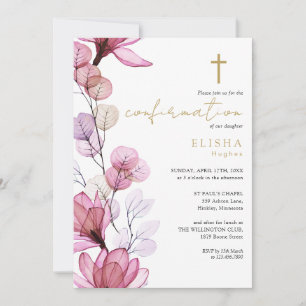Dusty Rose Transparent Floral Gold Confirmation Invitation