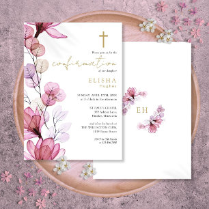 Dusty Rose Transparent Floral Gold Confirmation Invitation