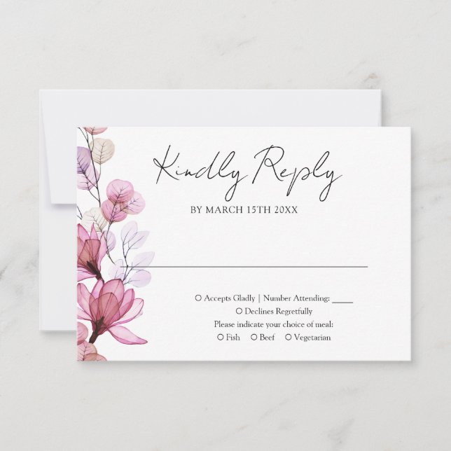 Dusty Rose Transparent Floral Monogram Wedding RSVP Card (Front)