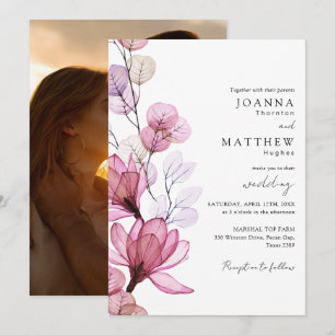 Dusty Rose Transparent Floral Photo Wedding Invitation