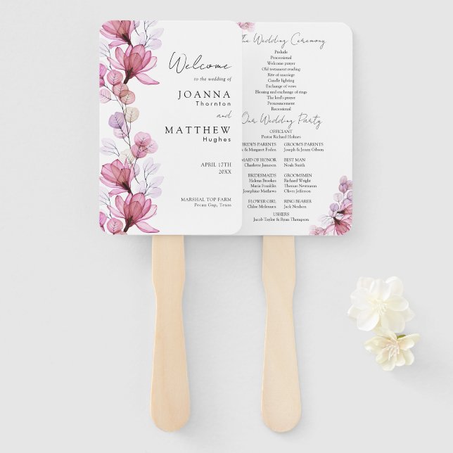 Dusty Rose Transparent Floral Wedding Program Hand Fan (Front and Back)