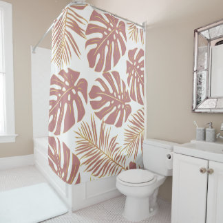 Dusty rose tropical leaves with gold outline shower curtain