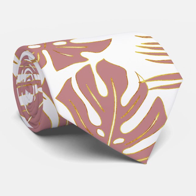 Dusty rose tropical monstera and palm leaves  neck tie (Rolled)