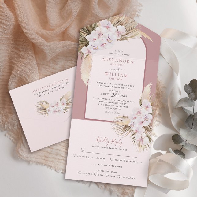 Dusty Rose Tropical Pampas Grass Orchids Wedding  All In One Invitation (Creator Uploaded)