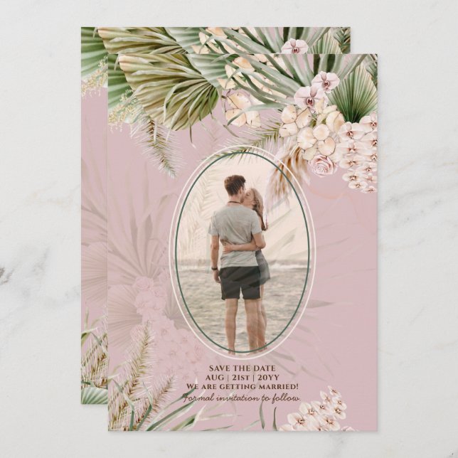 Dusty Rose Tropical Pampas Grass PHOTO Wedding Sav Save The Date (Front/Back)