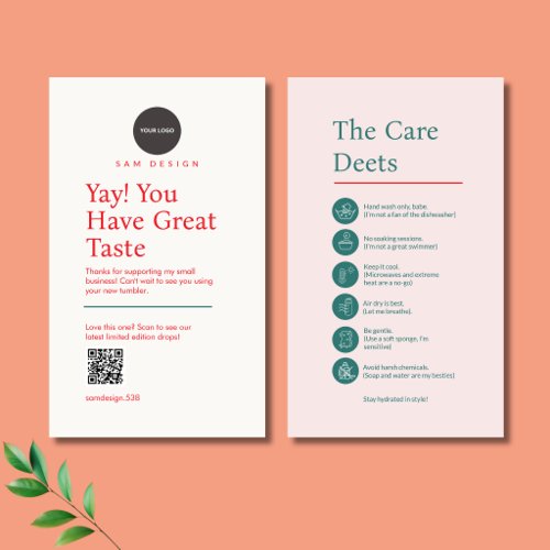 Dusty Rose Tumbler Care Instructions Logo QR Code Business Card