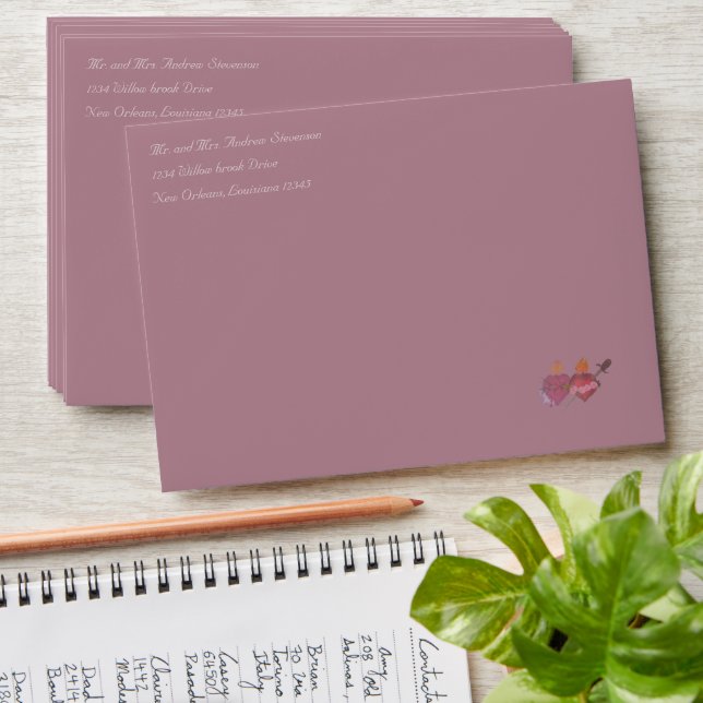 Dusty-Rose Two Hearts Catholic Wedding Invitation Envelope (Stacked)