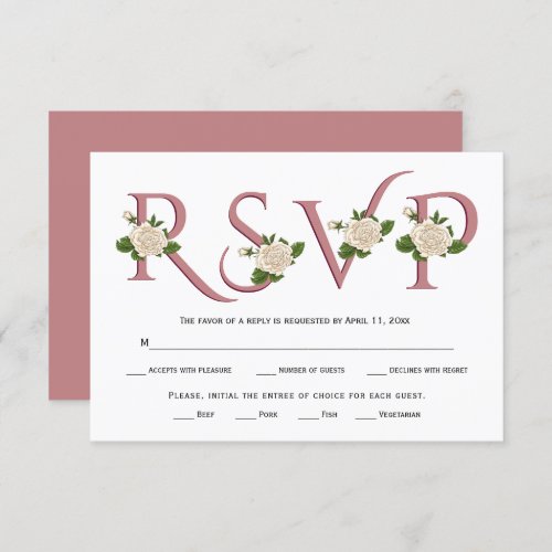 Dusty rose typography and white roses fall wedding RSVP card