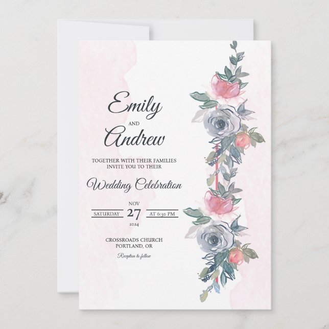 Dusty Rose Vine Elegant Floral Watercolor Wedding Invitation (Front)