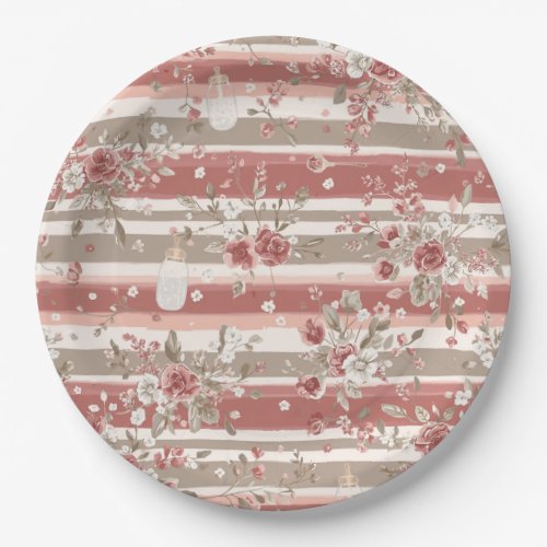 Dusty Rose Vintage Floral Baby Girl Paper Plates