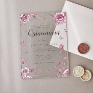 Dusty Rose Vintage Floral Quinceanera Party 15th Acrylic Invitations