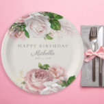 Dusty Rose Vintage Floral Women's Birthday  Paper Plates<br><div class="desc">Elegant and stylish vintage botanical blush pink and dusty rose watercolor floral (roses) and painted green watercolor leaves on cream birthday party paper plate. Customizable text says,  "Happy birthday." Personalize with a name and party date.</div>