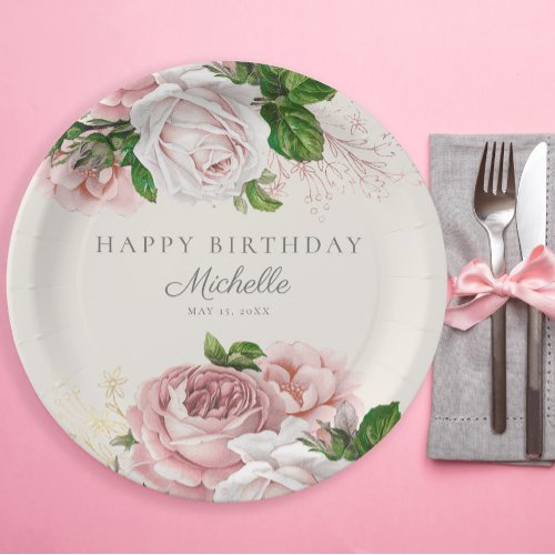 Dusty Rose Vintage Floral Womens Birthday  Paper Plates