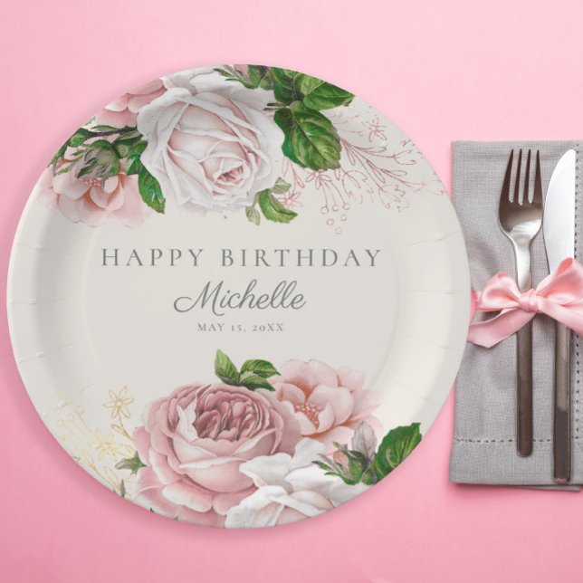 Dusty Rose Vintage Floral Women's Birthday  Paper Plates (Blush pink vintage floral custom paper plates)
